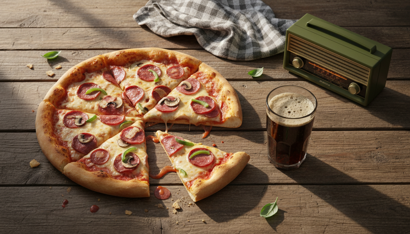 Vintage pizza on a rustic table with kvass and a radio, Soviet era.