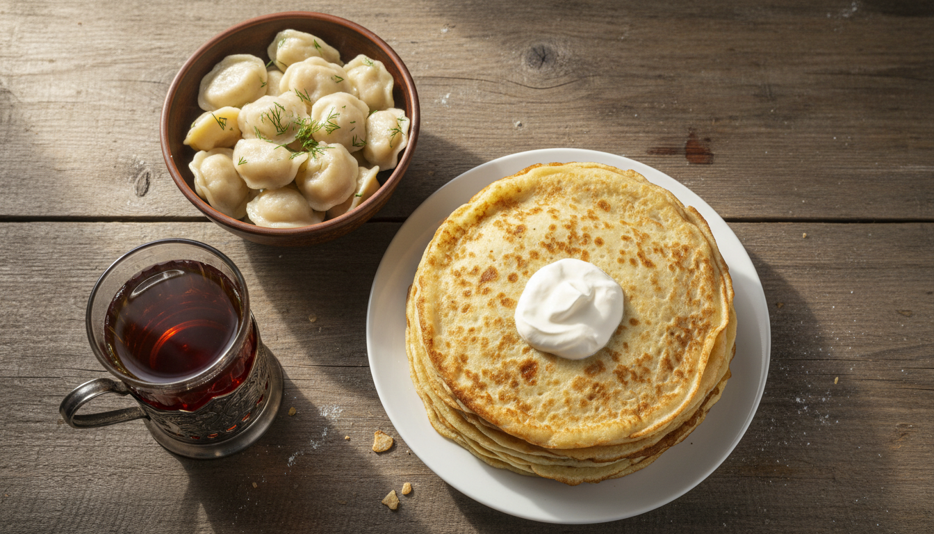 Overhead view of traditional blini and pelmeni with tea in a podstakannik, evoking Soviet home cooking.